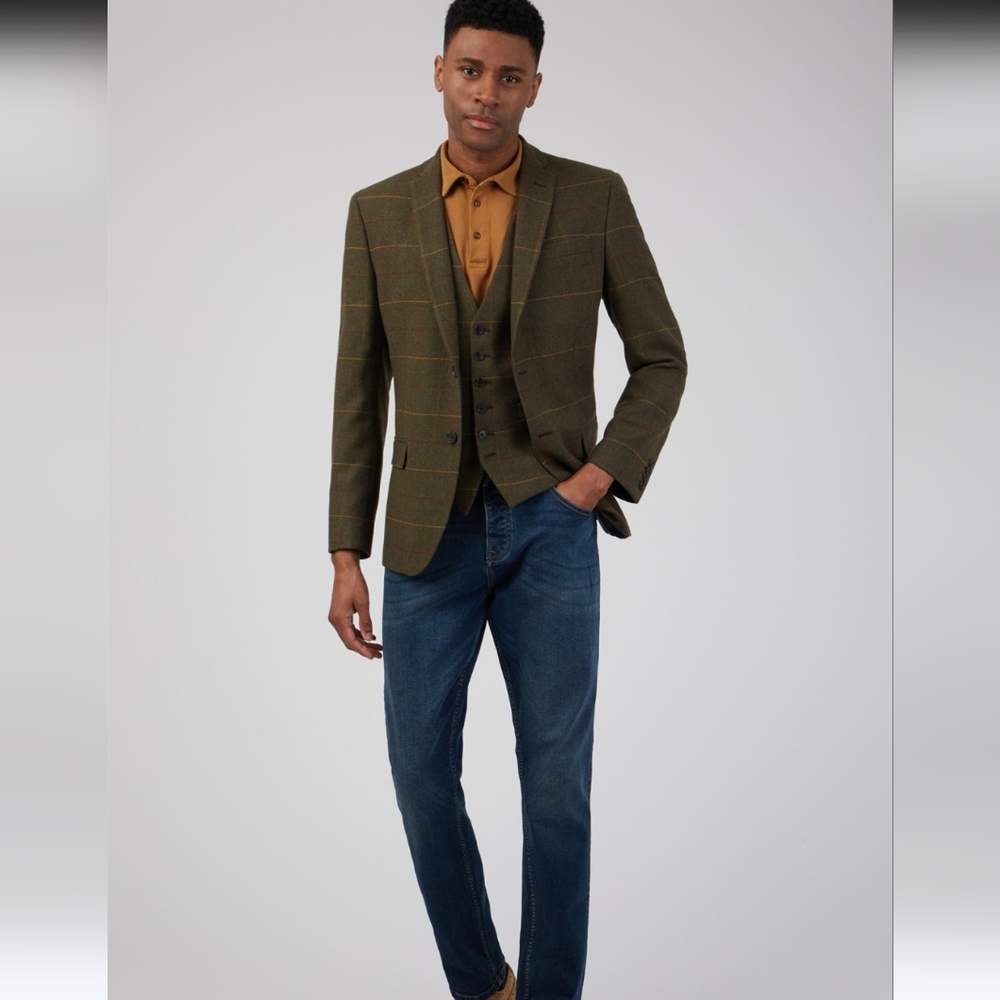 Racing Green Herringbone Plaid Wool Brown Green Checkered Men's Blazer Sz 40